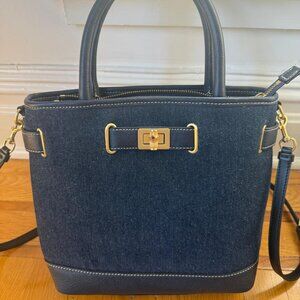 Denim & Leather Structured Satchel Bag with Crossbody Strap